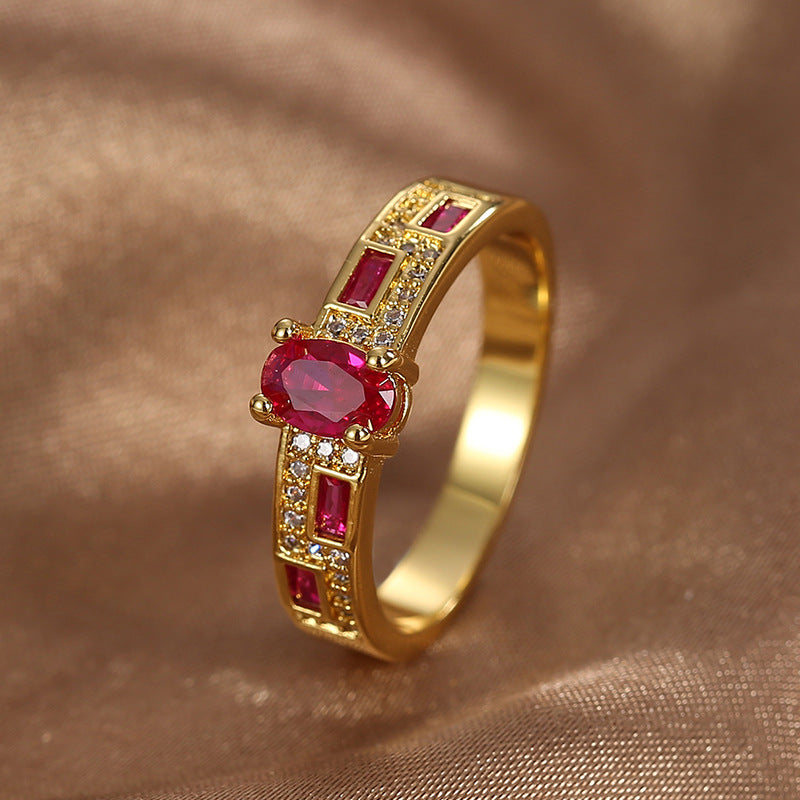 R0386 Fashionable Red Zircon Ring for Women Copper Plated with Real Gold Micro Inlaid White Zircon