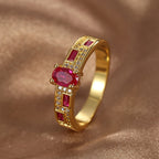 R0386 Fashionable Red Zircon Ring for Women Copper Plated with Real Gold Micro Inlaid White Zircon