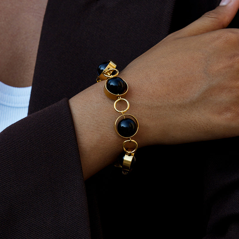 2H Stainless steel black glass beads can rotate OT Clasp Bracelet Jewelry