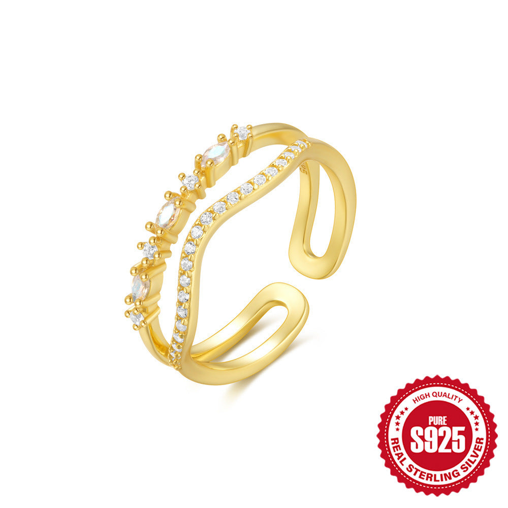 S925Sterling Silver Ring Micro Pave Colored Diamond Ring New Double Layer Design Sense Strong Open Ring