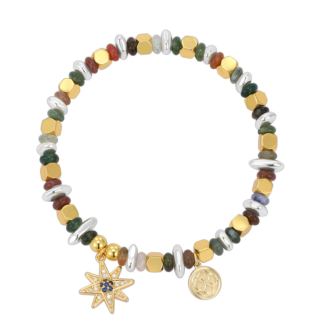 B0280 Eight-Pointed Star Inlaid Zircon Vintage Beaded Indian Mala Bracelet Handmade