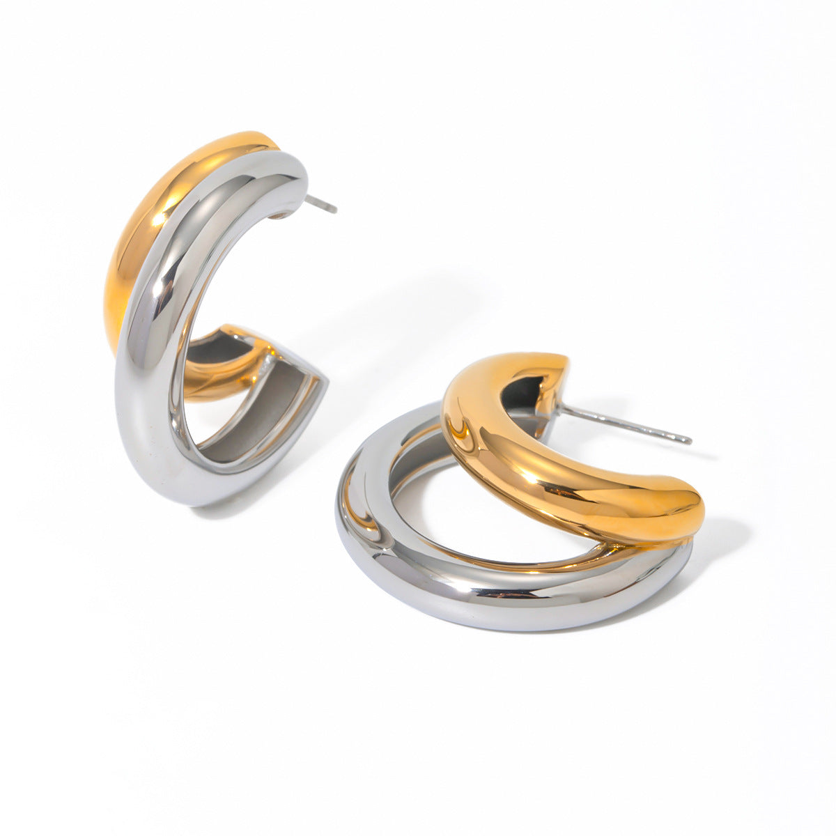 18K Gold Stainless Steel/Color Block Top and Bottom C Unique Design Sense of Shape Matching Earrings Left and Right Side Ear Accessories