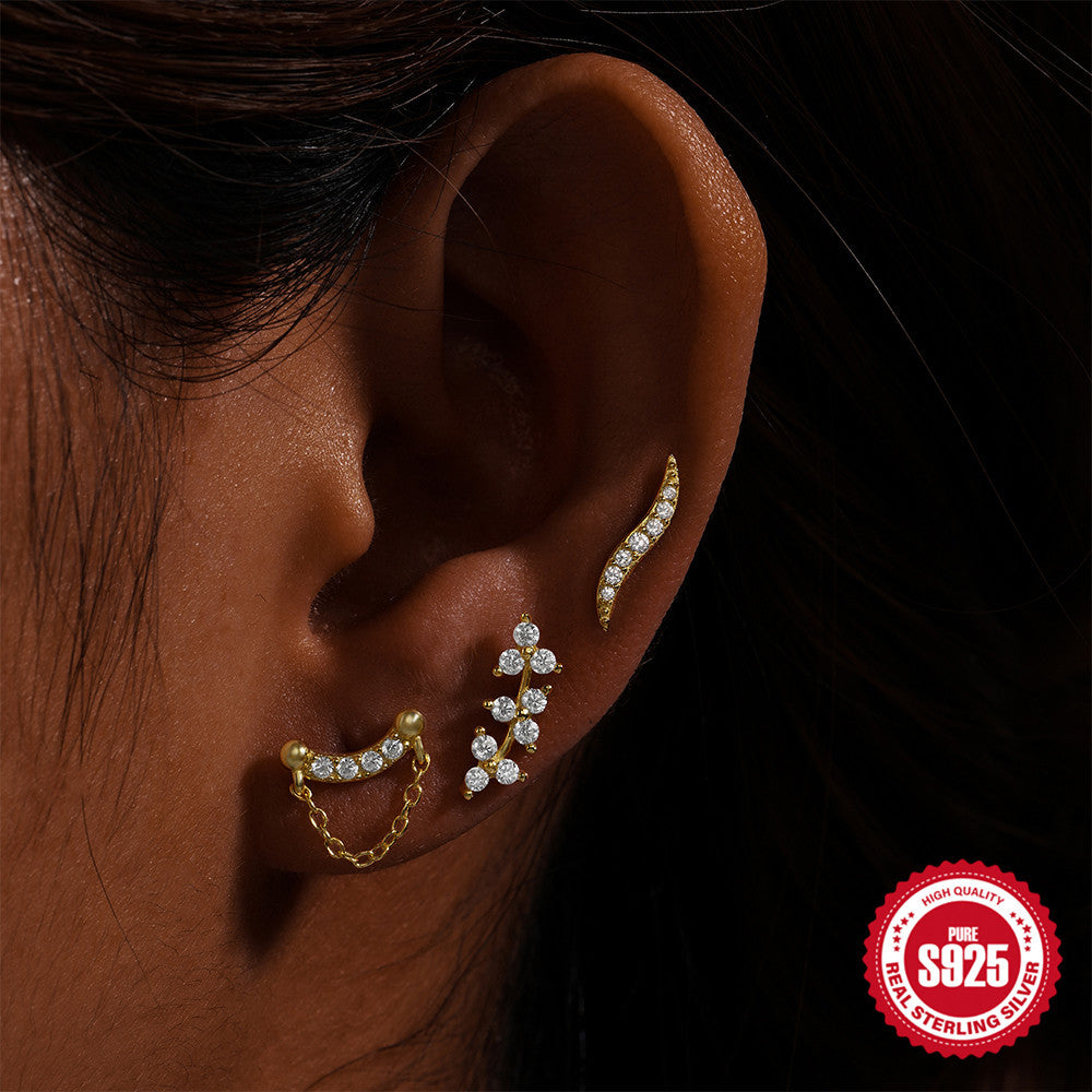 S925Sterling Silver Flat Push Piercing Zircon Earrings Fan-shaped Tassel Ear Jewelry Ear Cuff