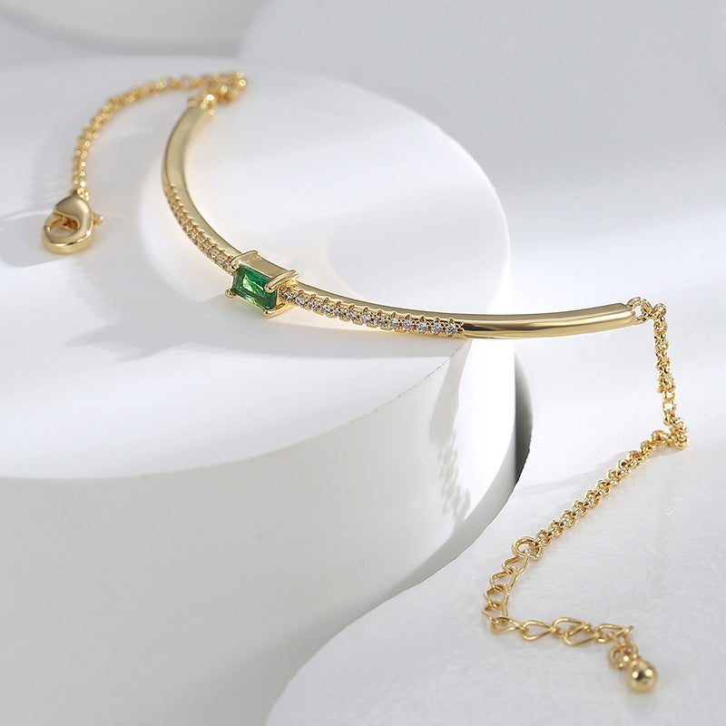 B0168 Minimalist Monochrome Nearly Curved Half Circle Bracelet for Women Fashion Retro Cool Style Green Zircon