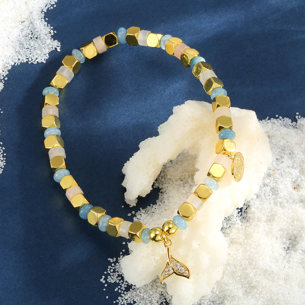 B0298 Fashion Leaf Inlaid Zircon Bracelet Daily Chalcedony Stone Beaded