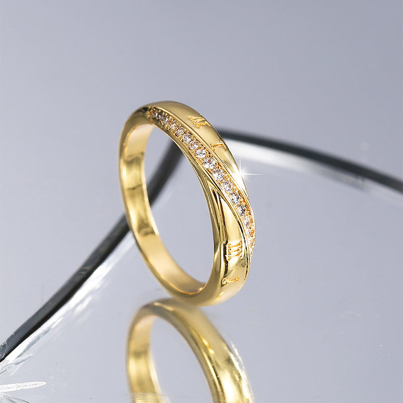 R0420 Fashion New Roman Numeral Pattern Ring for Women, Copper Plated with Real Gold, Micro Pave Zircon Ring