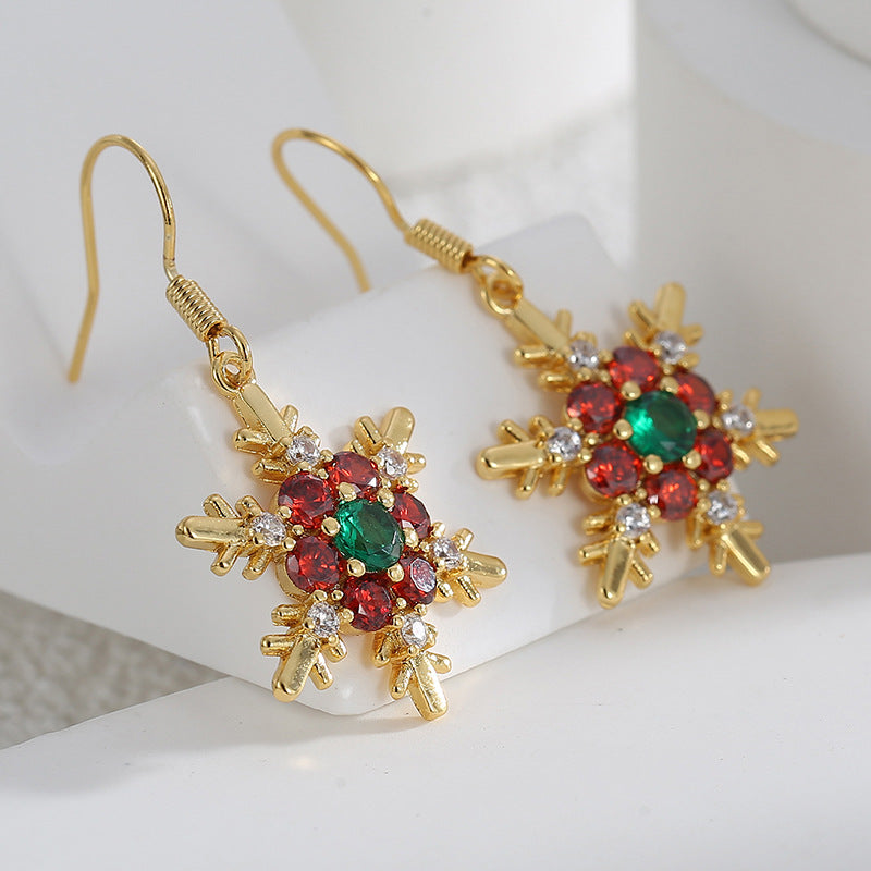 E0537 New Christmas Ornaments Snowflake Ear Hooks Female Brass Gold Plated Inlaid Zircon Earrings