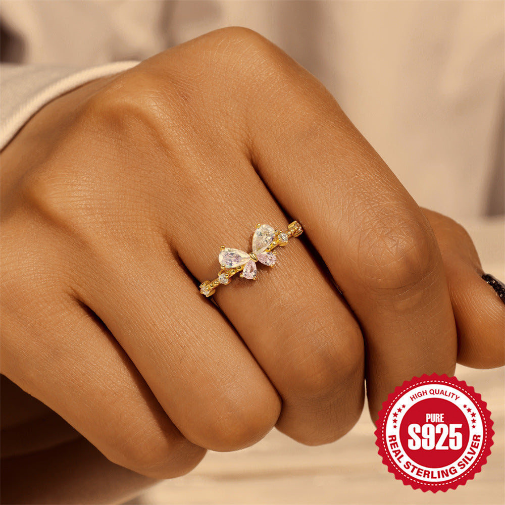 New S925Sterling Silver Bow Moon Colorful Diamond Open Ring Hot-Selling Opal Index Finger Ring