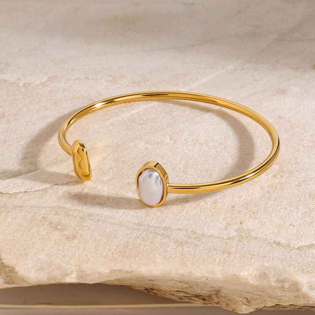 2H Stainless Steel Pearl Bracelet Open Bangle Jewelry