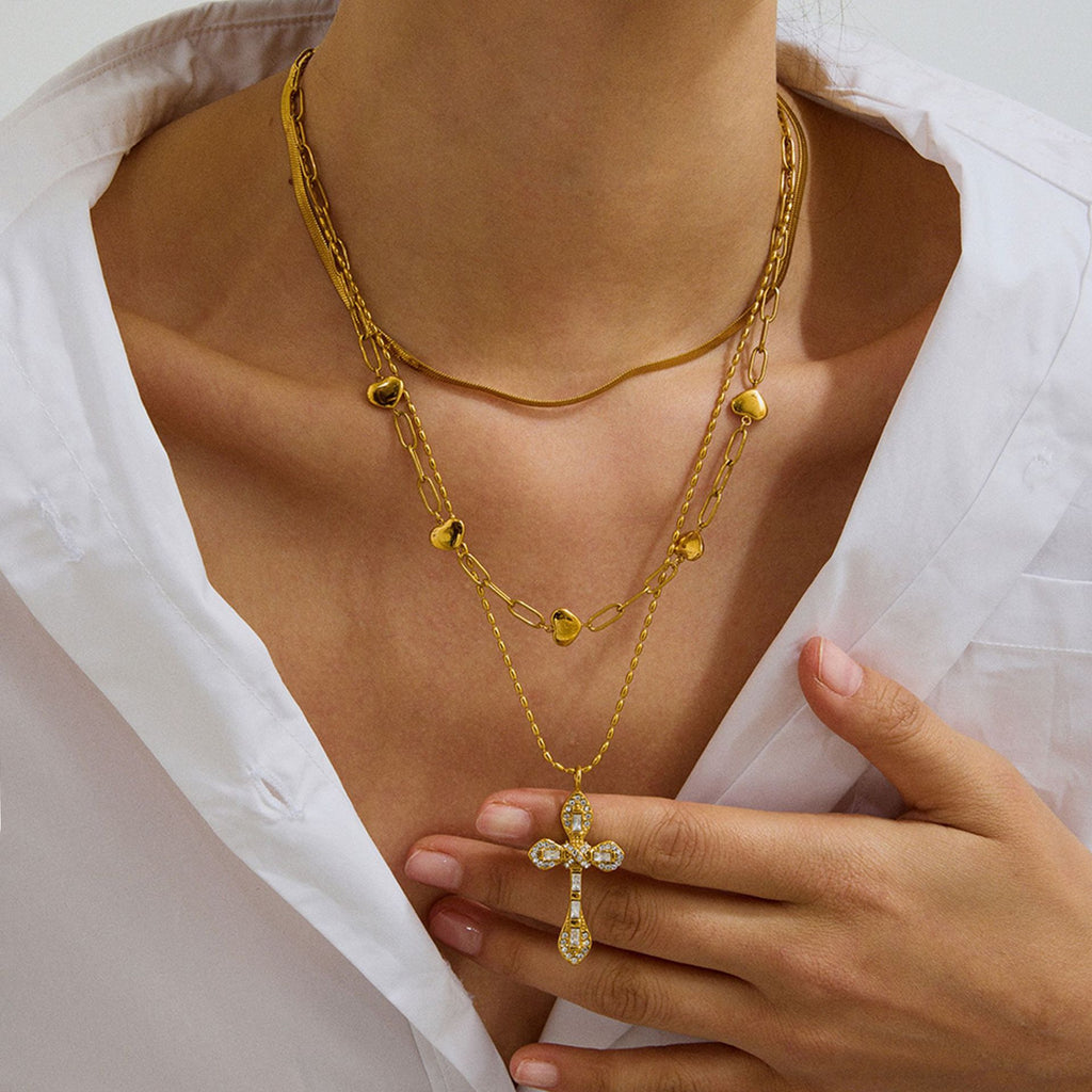 2H Zircon Cross Necklace Non-Fading Stainless Steel Necklace Women's Jewelry