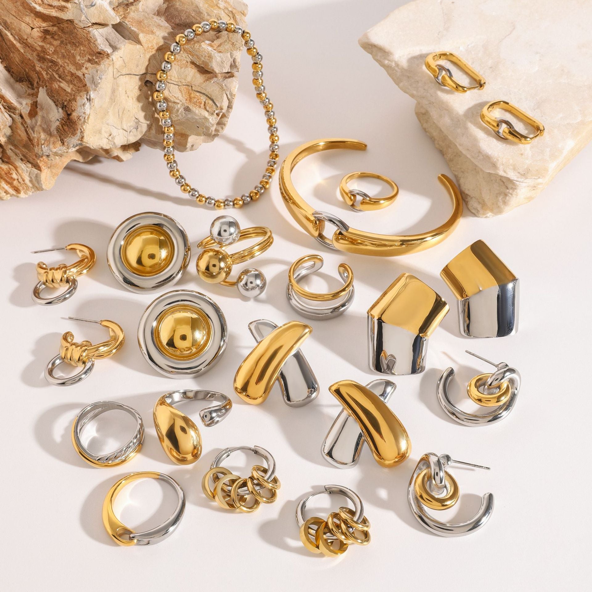 Stainless Steel Color Block Ring Earrings Open Bracelet Beaded Bracelet Jewelry