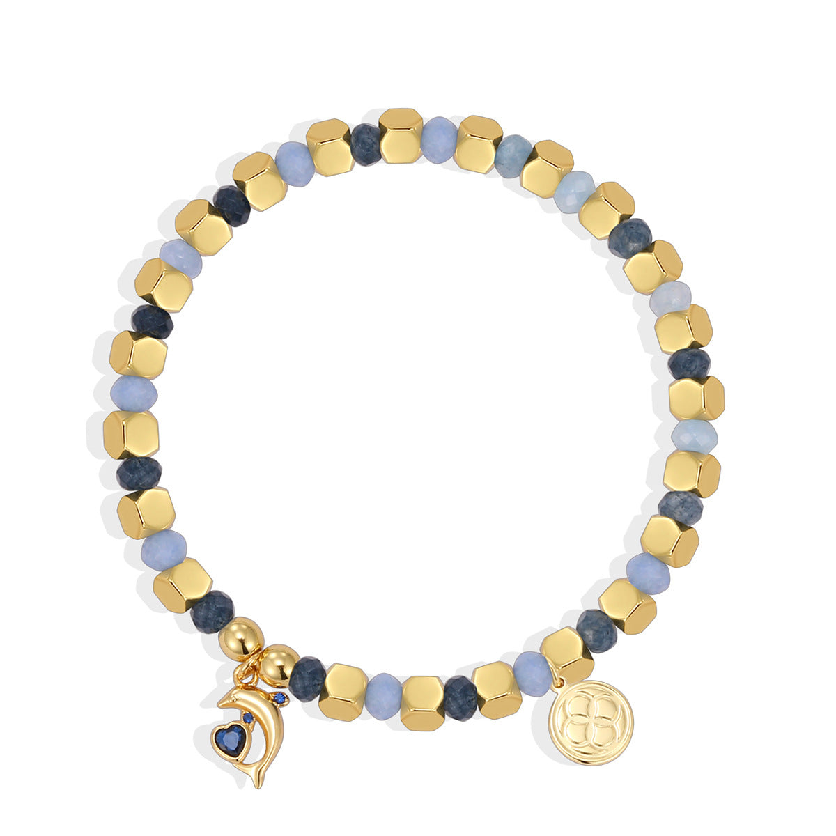 B0327 Ocean Vacation Dolphin Heart Zircon Beaded Bohemian Chalcedony Bracelet
