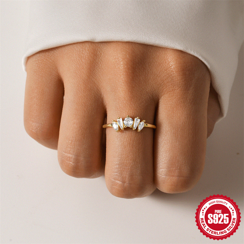 New Product S925Sterling Silver Ring Japanese and Korean Design Sense Geometric Zircon Ring Fashion Open Index Finger Ring