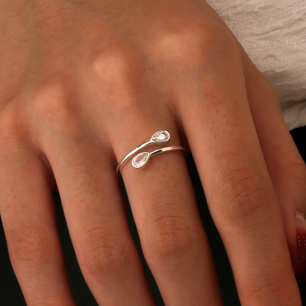 SR0043 S925Silver Water Drop Open Ring Design Minimalist Trendy Fashion