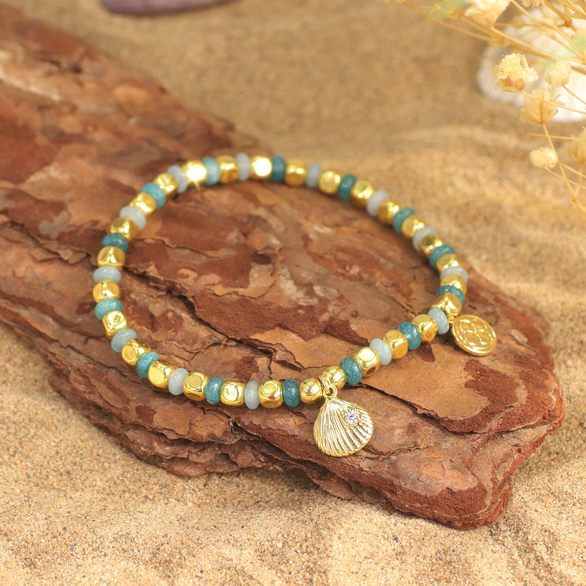 B0305 Bohemian Ocean Shell Inlaid Zircon Bracelet Fashionable Elegant Chalcedony Stone Beaded
