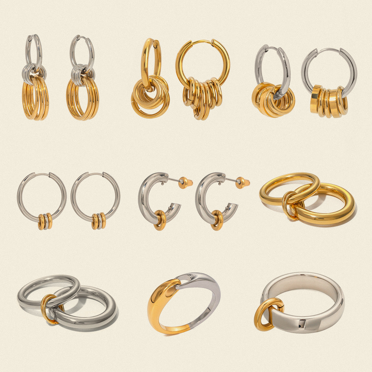 2H Stainless Steel Color Block Circle Earrings Stud Ring Jewelry rings