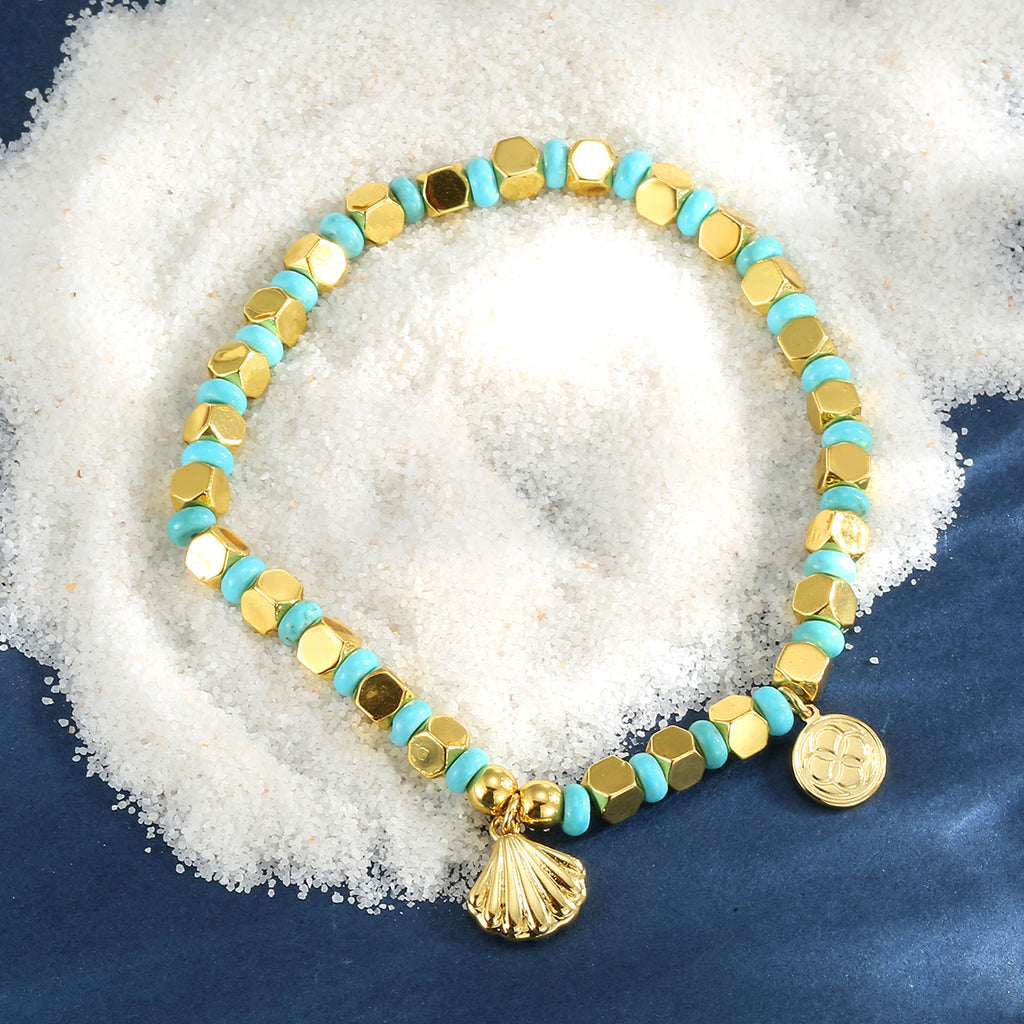 B0256 Vintage Ocean Shell Beaded Vacation Turquoise Bracelet