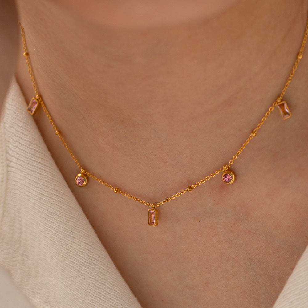 2H 18K Gold Square Pink Purple Round Pendant Bracelet Versatile Non-Fading Bracelet Jewelry