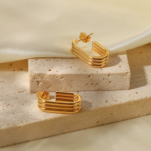18K Gold-Tone Geometric Layered Stainless Steel Hoop Earrings in a gold-tone stainless steel finish