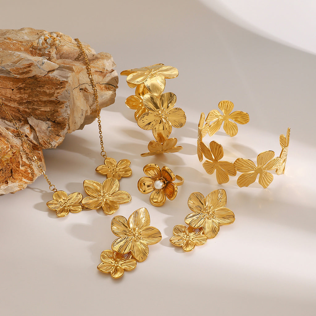 Stainless Steel Flower Necklace Zircon Earrings Pearl Ring Open Bracelet Jewelry