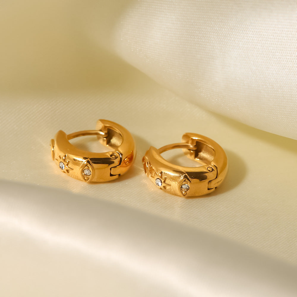 2H 18K Gold Plated Stainless Steel Star Demon Eye Cubic Zirconia Chunky Earrings Inlaid White Diamond Hoop Earrings
