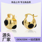 E0625 casual fashion Earrings Female Brass Gold Plated Black Agate Sphere Ear Buckle
