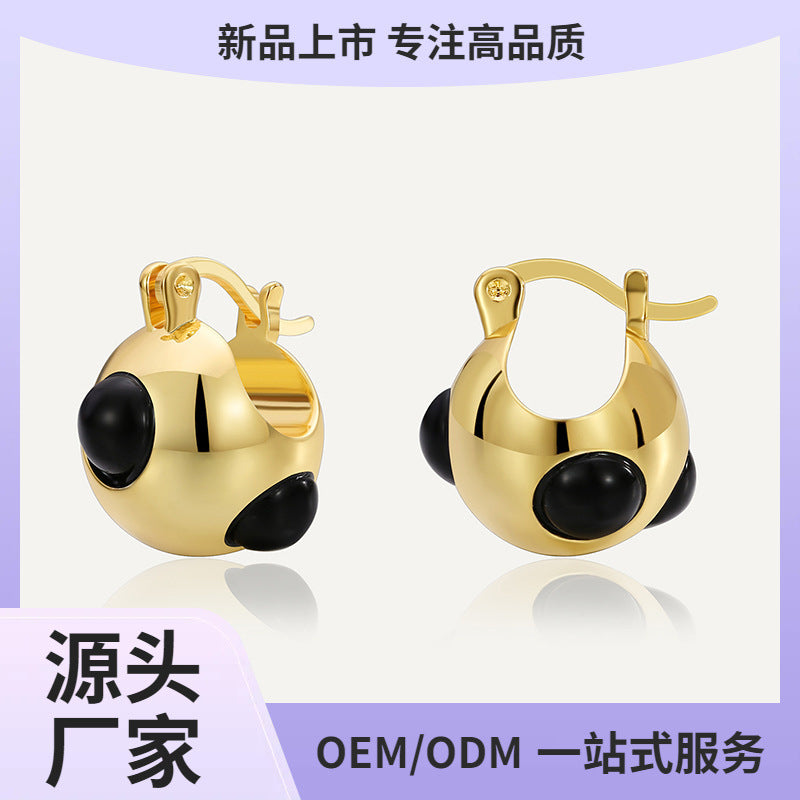 E0625 casual fashion Earrings Female Brass Gold Plated Black Agate Sphere Ear Buckle