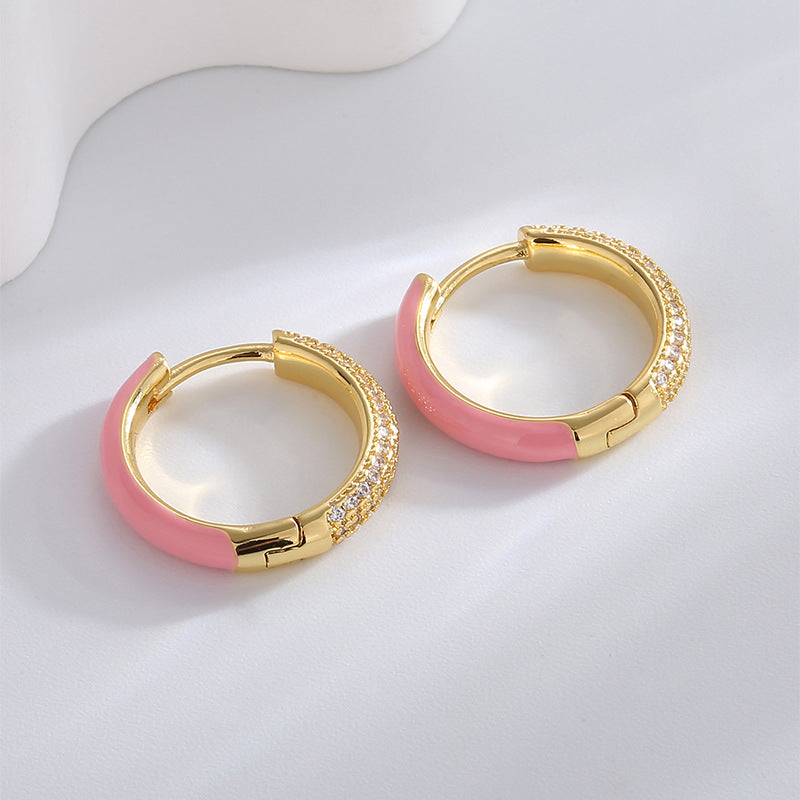 E0497 Simple Elegant Fashion Earrings for Women Pink Resin Micro Inlaid Zircon Hoop Earrings