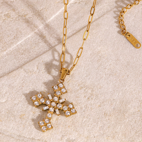 Cross Cubic Zirconia Pendant Stainless Steel Gold-Plated Necklace — design detail
