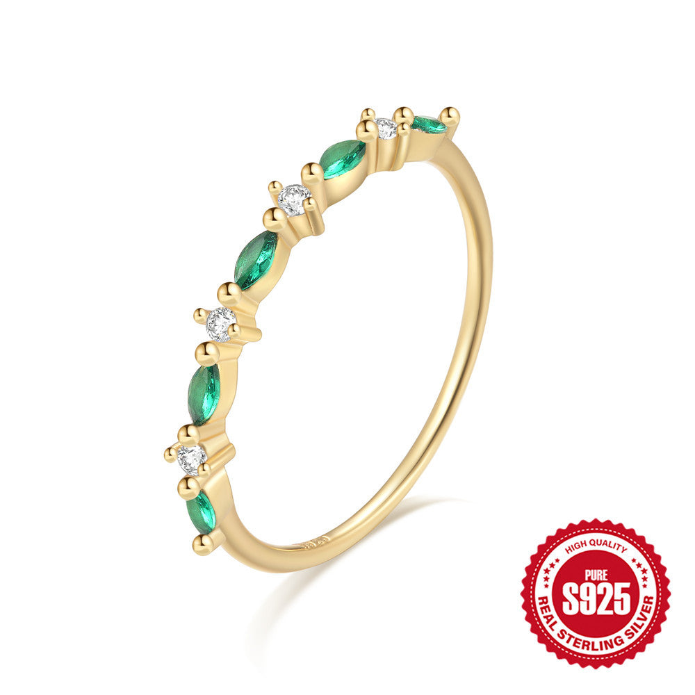 S925Pure Silver Sweet Small Ring Green Zircon Ring Forest Style Matching Daily Multi-Diamond Ring