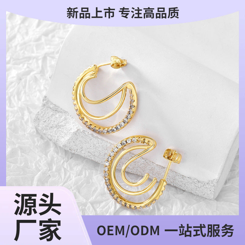 E0290 Earrings Three Circle Copper Inlaid Diamond Exaggerated Round Metal Circle gold Earrings for Women