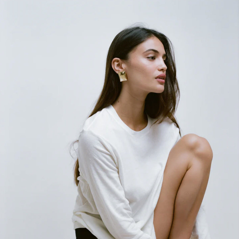 2H 18K Gold Stainless Steel Geometric Earrings Women's Fashion Simple Rectangular Smooth Earrings