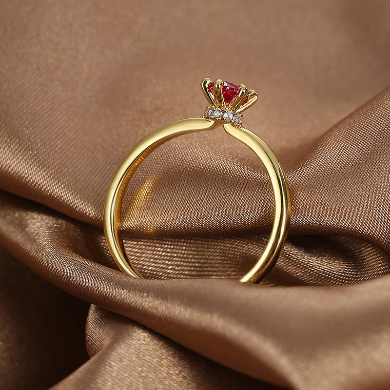 R0382 Design Ring Female Brass Gold Plated Inlaid Red Zircon Joint Ring