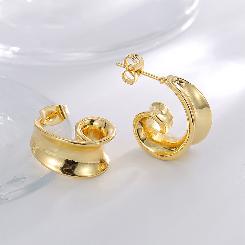 E0782 Design Curved Earrings for Women, Brass Gold-Plated, Simple Smooth Retro Earrings