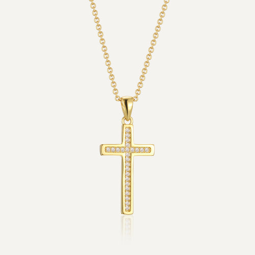 18K Gold-Plated Brass Cross Layered CZ Pendant Necklace with cubic zirconia design details
