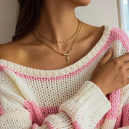 Cross Pearl Stainless Steel Gold-Plated Pendant Necklace — design detail