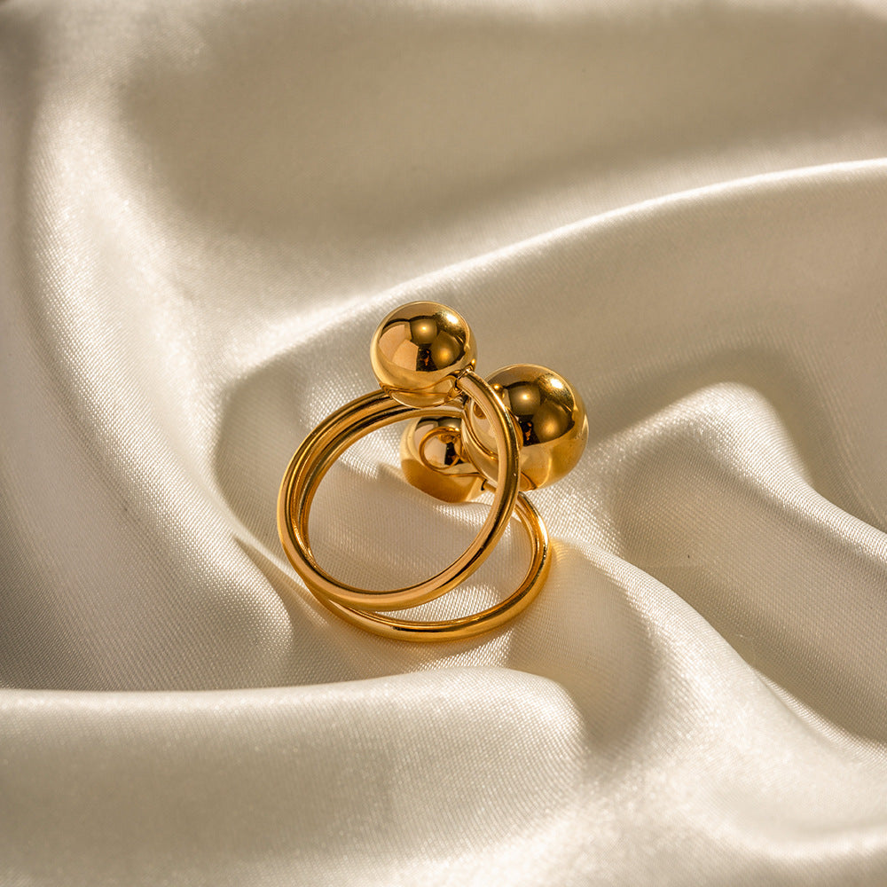 2H No Fading18K Gold Stainless Steel Exaggerated Three Ball Open Ring2025Fashionable and Trendy