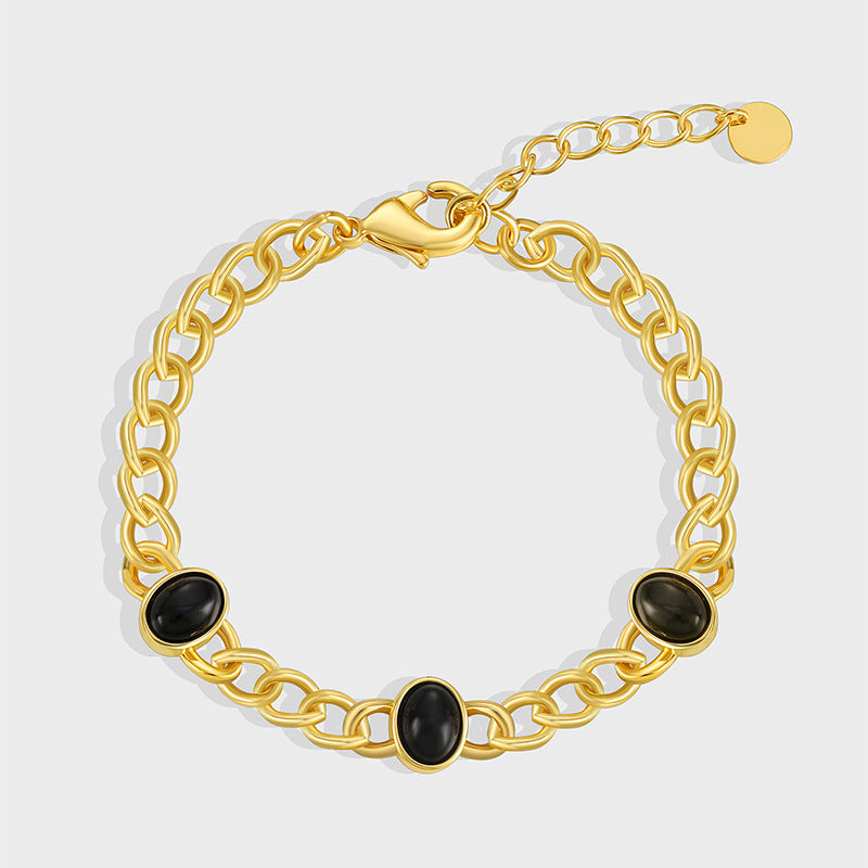 B0130 Hip-Hop Style Trendy Cool Bracelet for Women, Copper Plated with Real Gold, Simple Black Onyx Fashion