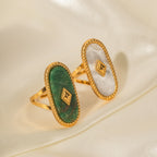 Vintage18K Gold Stainless Steel Natural African Jade Stone Open Ring Ring Jewelry