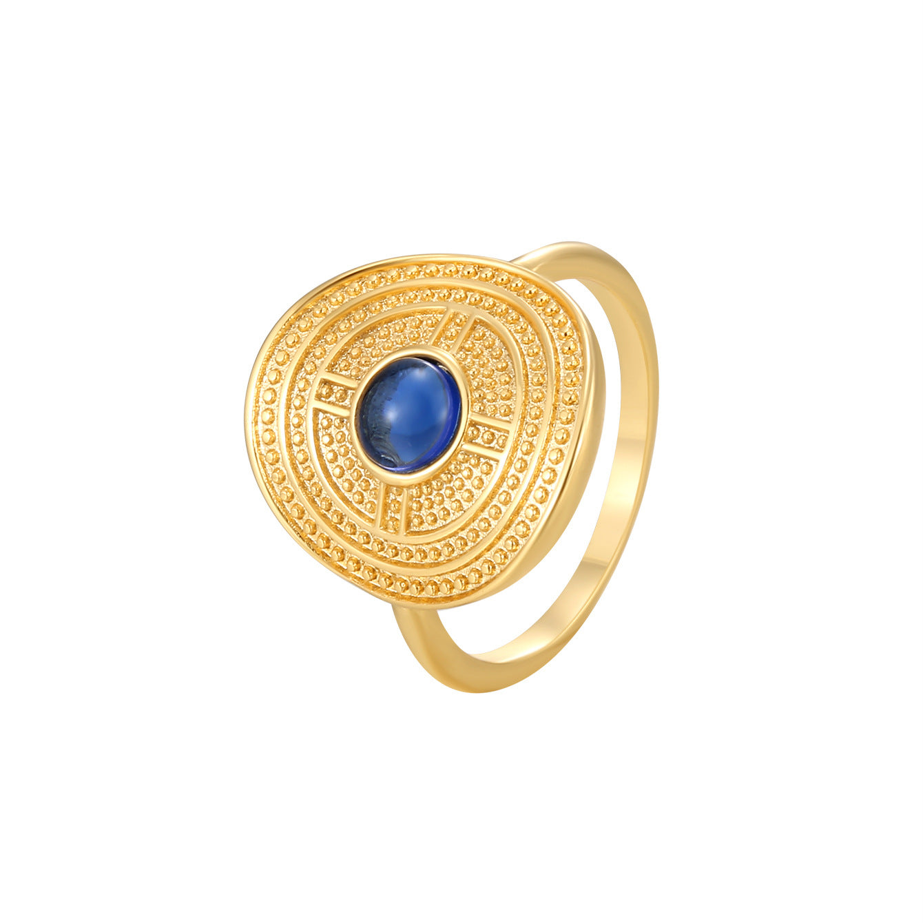 R0155 Vintage Design Curved Ring for Women Brass Gold Plated Blue Glass Stone
