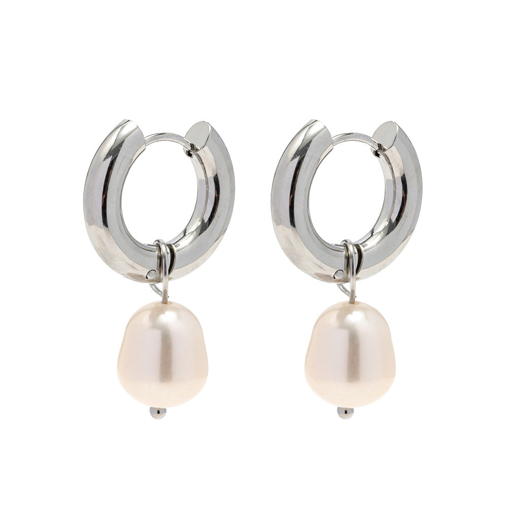 2H Fashion  Steel Color Style Stainless Steel Earrings Natural Freshwater Pearl Pendant Hoop Earrings Women's Ear Jewelry