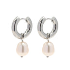 2H Fashion  Steel Color Style Stainless Steel Earrings Natural Freshwater Pearl Pendant Hoop Earrings Women's Ear Jewelry