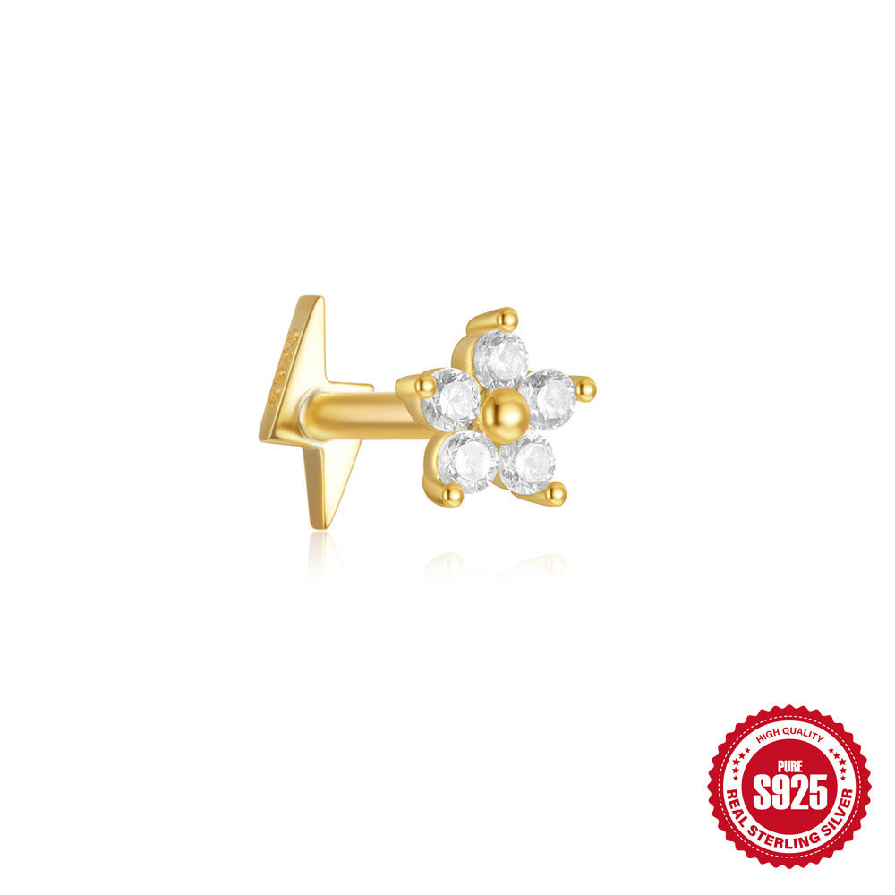 S925Sterling Silver Horse Eye Inlaid Diamond Crown Double-Sided Wearable Soft Bone Threaded Piercing Ear Bone Stud New Earrings for Women