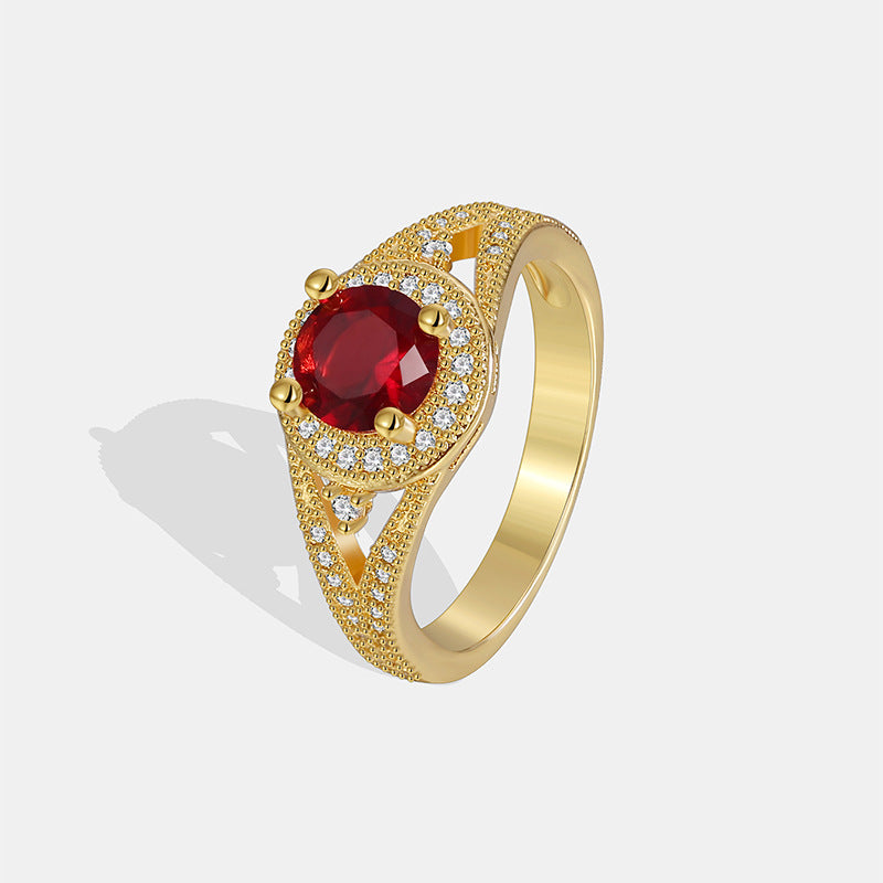 R0457 Design Sense Round Red Zircon Ring for Women, Simple Micro Pave White Zircon Modern Tail Ring