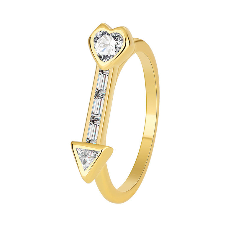 R0315 Simple Cupid's Arrow Zircon Ring for Women, Copper Plated with Real Gold, Vintage Versatile Heart-shaped Ring
