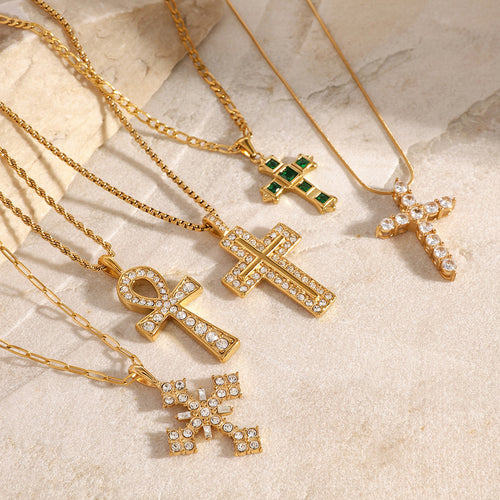 Cross Cubic Zirconia Gold-Plated Stainless Steel Pendant Necklace — front view