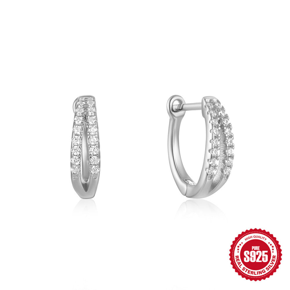 New925Sterling Silver Geometric Large and Small Diamond-Studded Hoop Earrings Classic Hot-Selling Minimalist Style Earrings