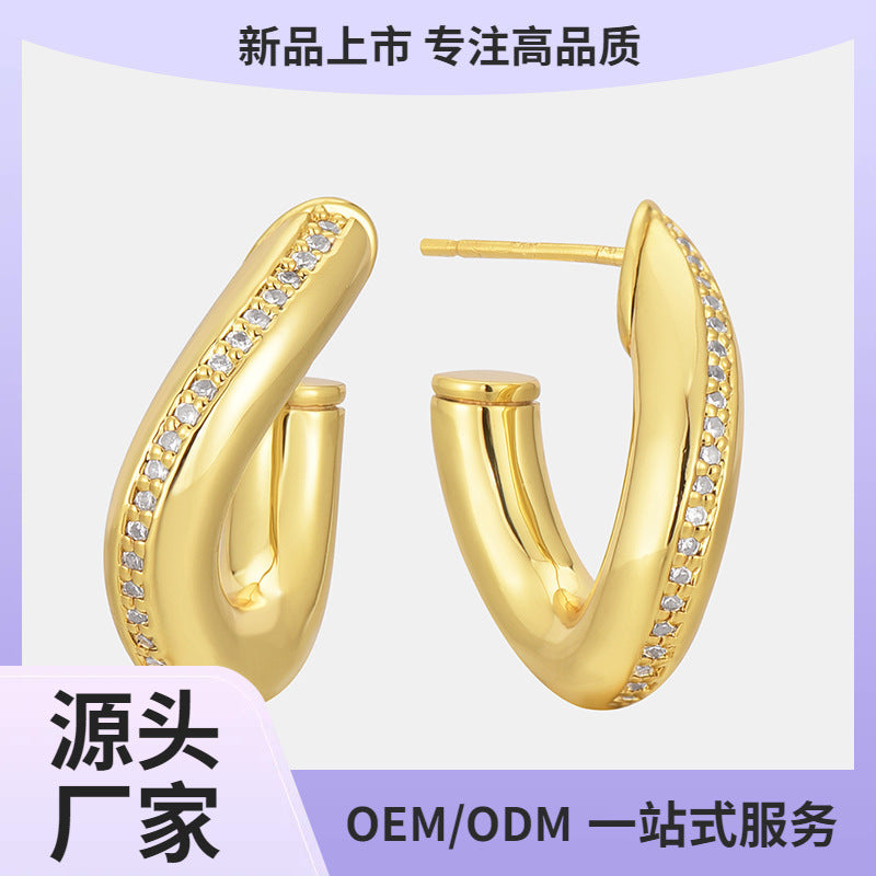 E0639 Design Sense Irregular Twisted Earrings for Women Copper Plated Real Gold Micro Inlaid Zircon Earrings