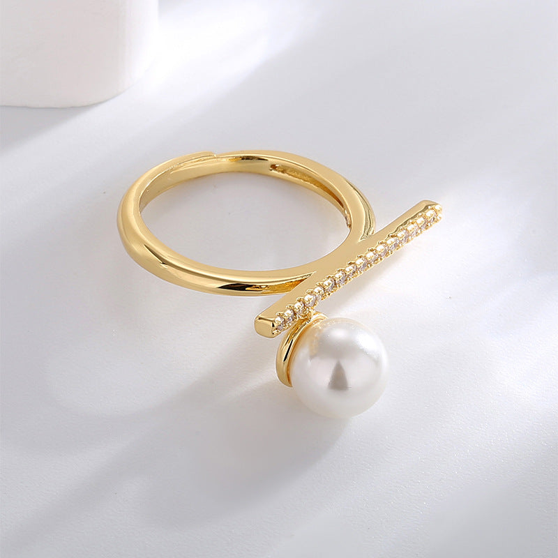 R0592 Simple Single Row Zircon Ring for Women Bohemian Vintage Elegant Shell Pearl