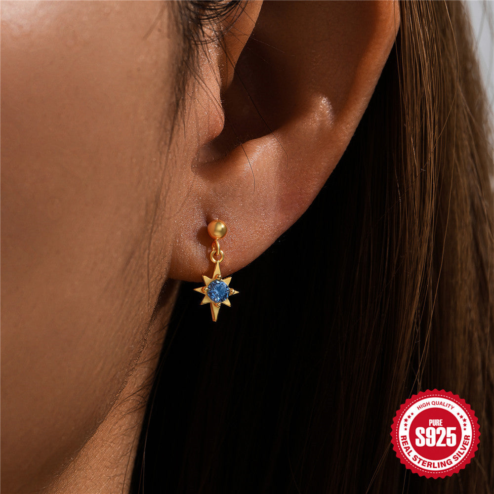 New925Sterling Silver Blue Inlaid Diamond Eight-Pointed Star Heart Round Ball Threaded Ear Bone Stud Hot-Selling Earrings